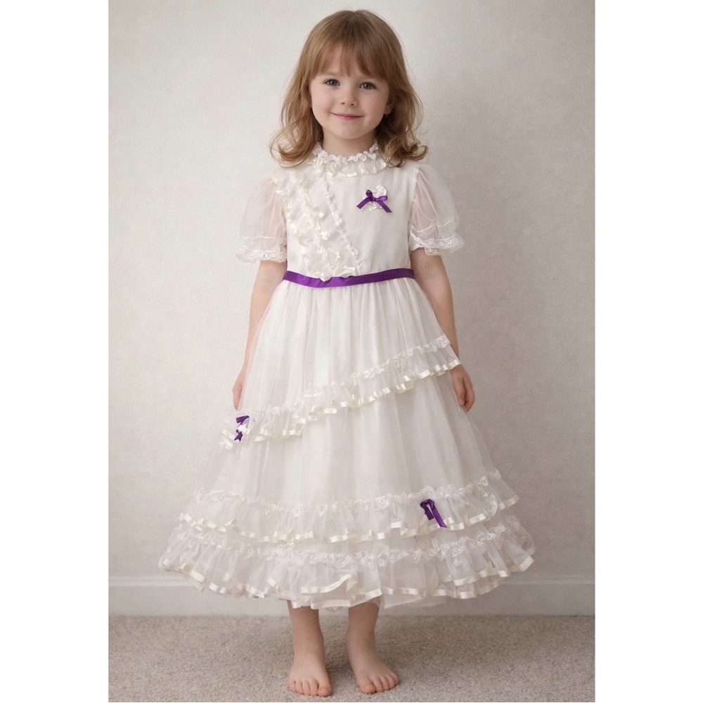 Vintage BBR Kids White Ruffle Flower Girl Dress Purple Accents Girls Size 6